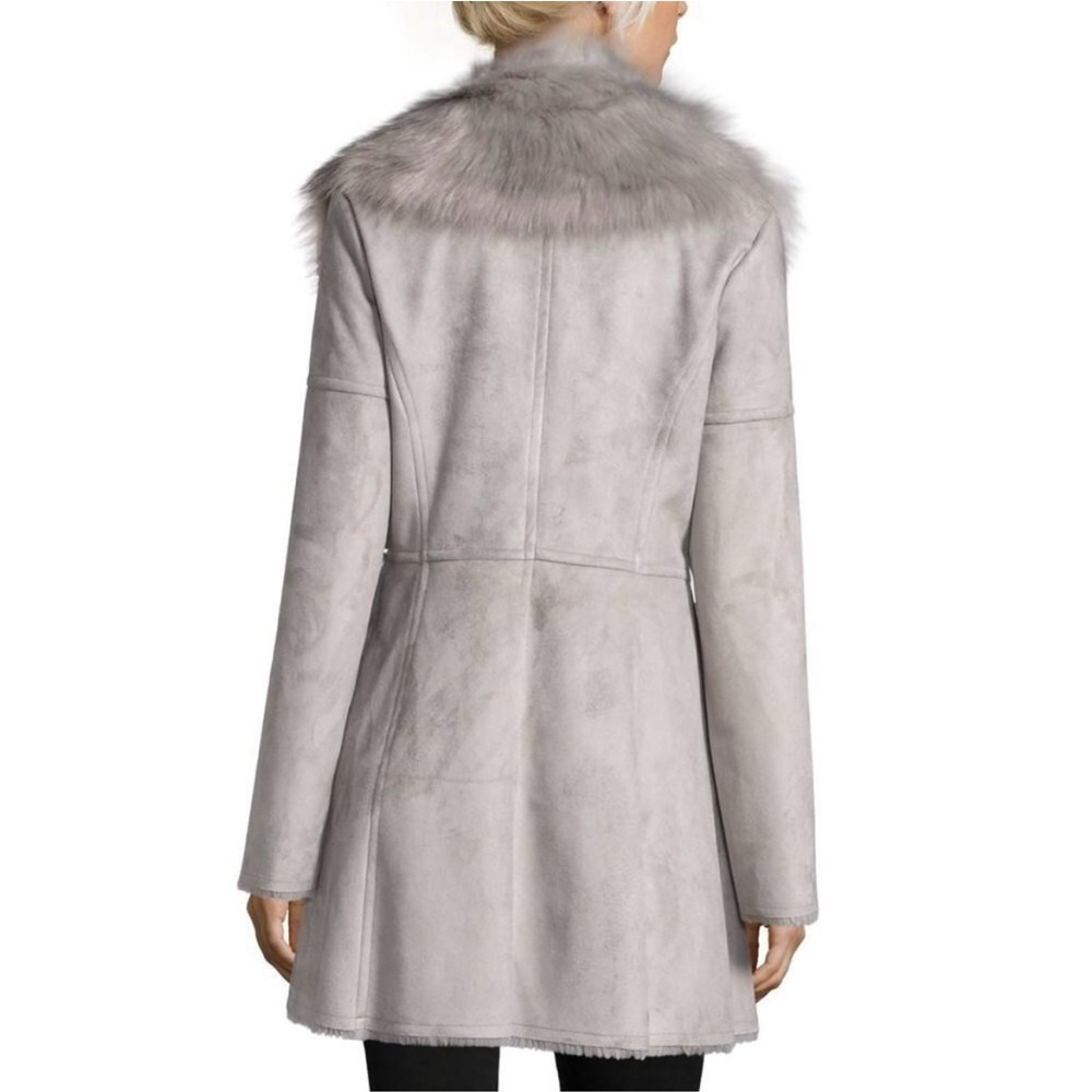Catherine Malandrino Faux Suede Shearling Fur Coat Dove Grey M - Picture 2 of 9